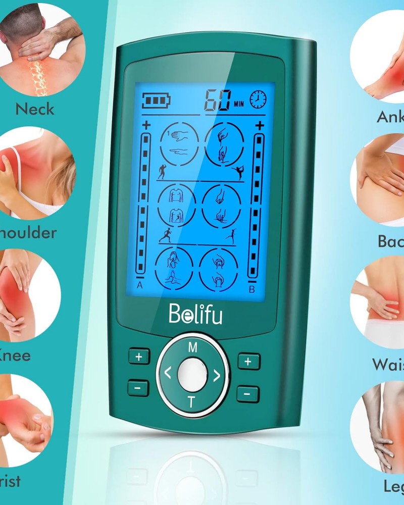 Belifu Dual Channel TENS EMS Unit 24 Modes Muscle Stimulator for Pain Relief Therapy, Electronic Pulse Massager Muscle Massager with 10 Pads, Dust-Proof Drawstring Storage Bag, Fastening Cable Ties